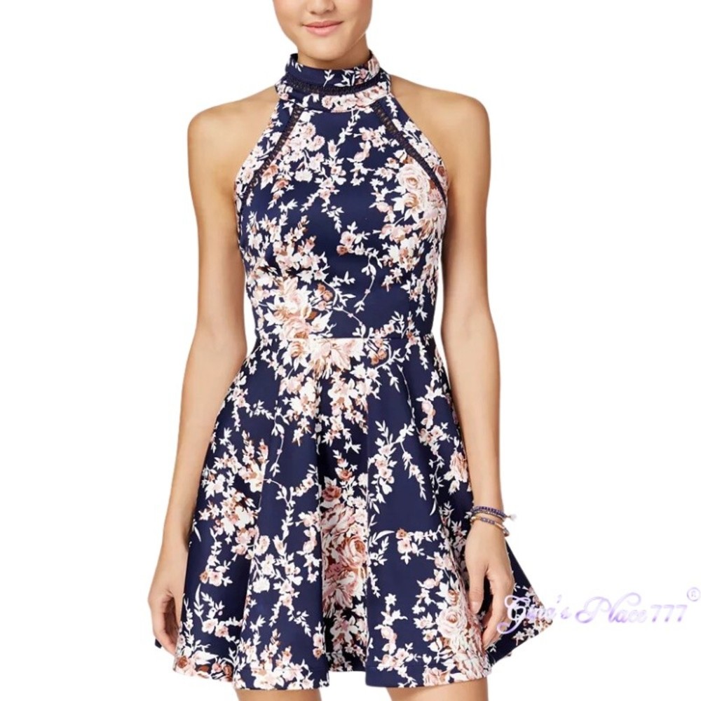 B DARLIN Juniors' Printed Mock-Neck Crochet-Trim Fit & Flare Dress 13/14